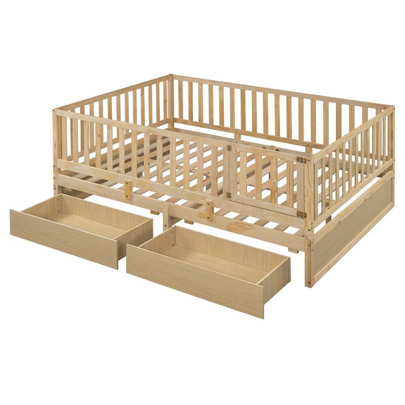 Pine Wood Daybed Floor Bed Frame with Fence Guardrails and 2 Drawers, Converts into Two Individual Beds, No Box Spring Needed