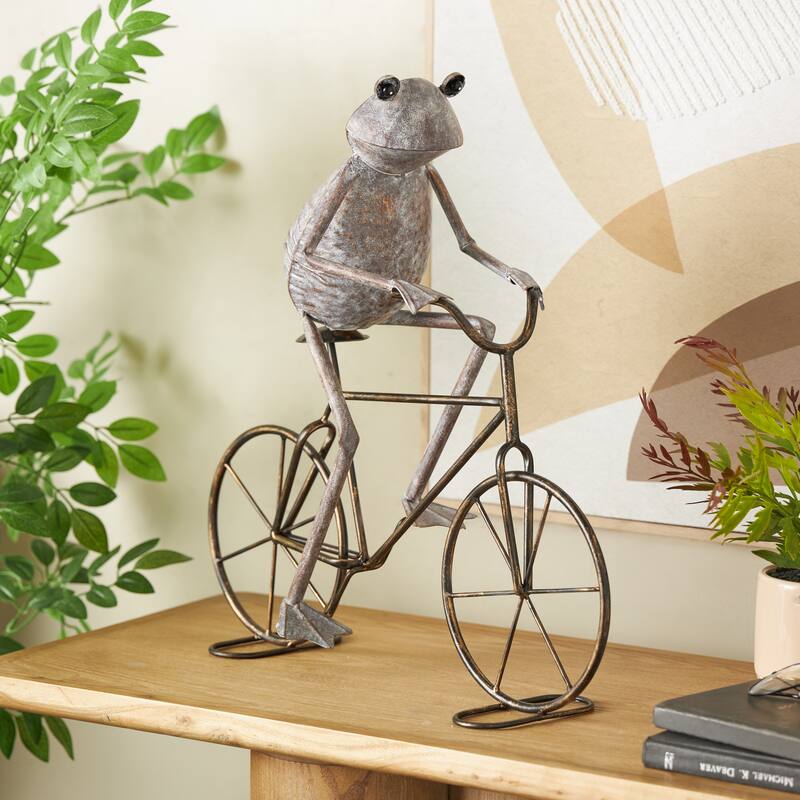 Metal Frog On Bicycle Garden Sculpture with Gold Accents - Green or Copper - Roche River Decor