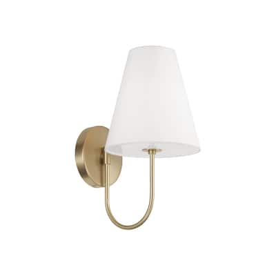 7.50"W x 14"H 1-Light Sconce in Matte Brass with Tapered White Fabric Shade and Glass Diffuser - 7.5"W x 14"H x 9.75"E
