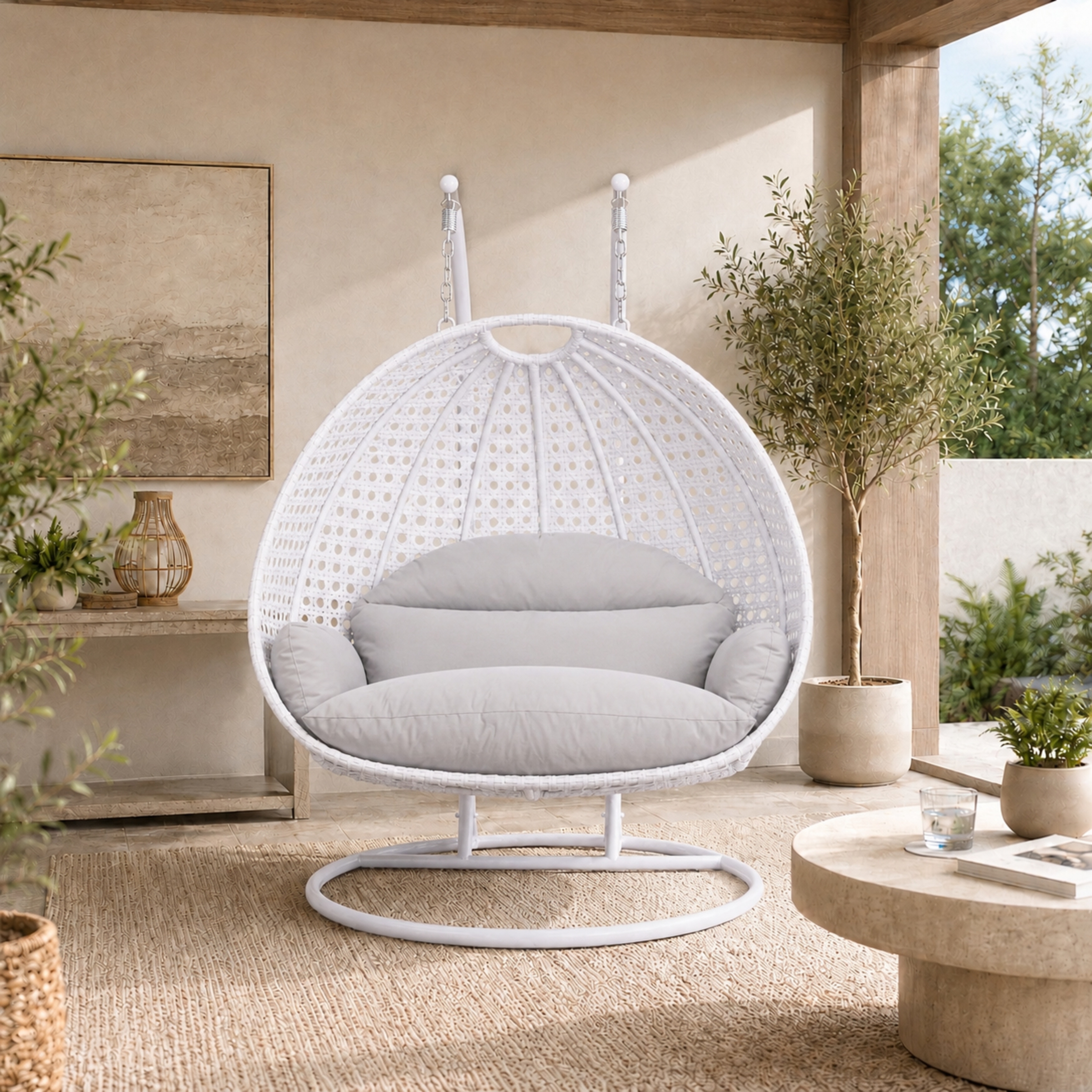 LeisureMod Double Egg Chair - 2-Person Wicker Swing with Heavy-Duty Stand & Cushions - Large Indoor/Outdoor Patio Hammock