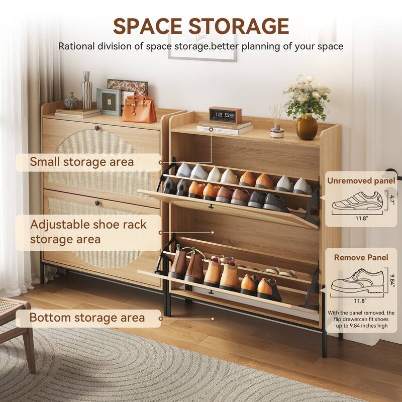 2-Drawer Wooden Shoe Cabinet with Rattan Doors/Narrow Freestanding Storage Organizer for Entryway