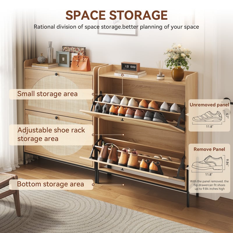 short dresser with shoe rack on bottom Wooden Shoe Cabinet Storage Organizer with Rattan Doors, Entryway Cabinet  Side Cabinet with 2 Drawers