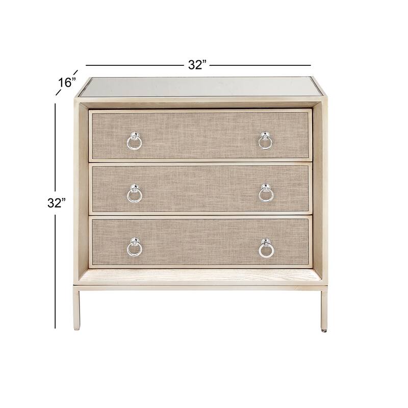 Wooden Upholstered Front Panel 3 Drawer Chest with Mirrored Top and Ring Handles - Beige - Roche River Decor