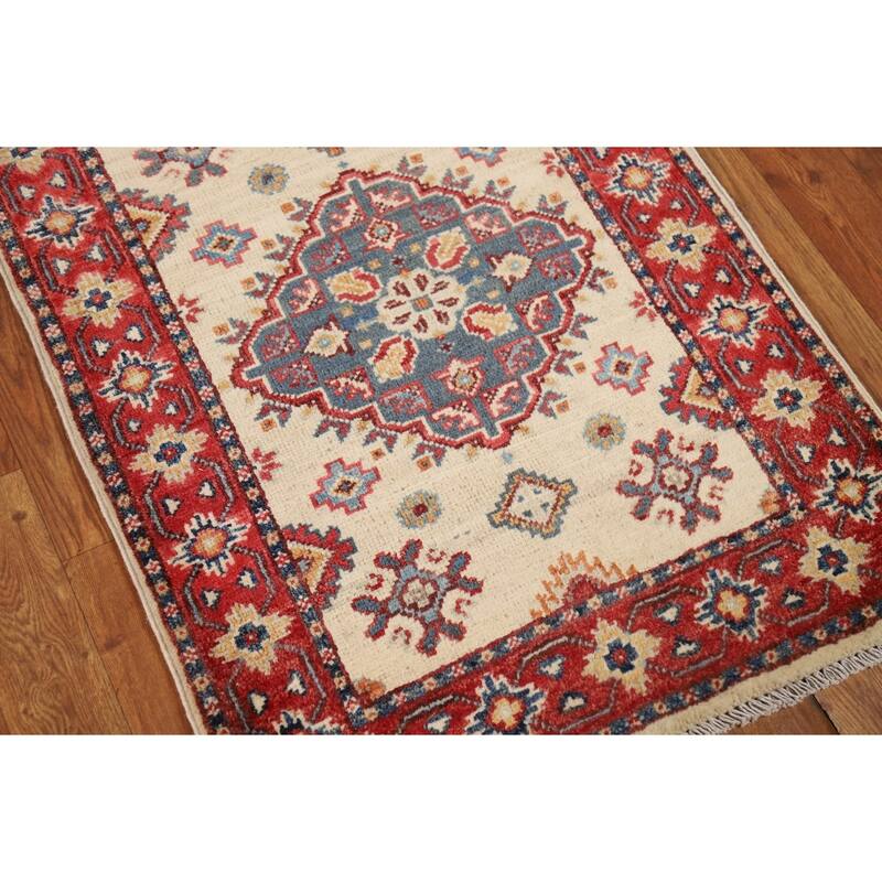 Ivory Kazak Oriental Foyer Rug Hand-Knotted Wool Carpet - 2'0" x 3'0"