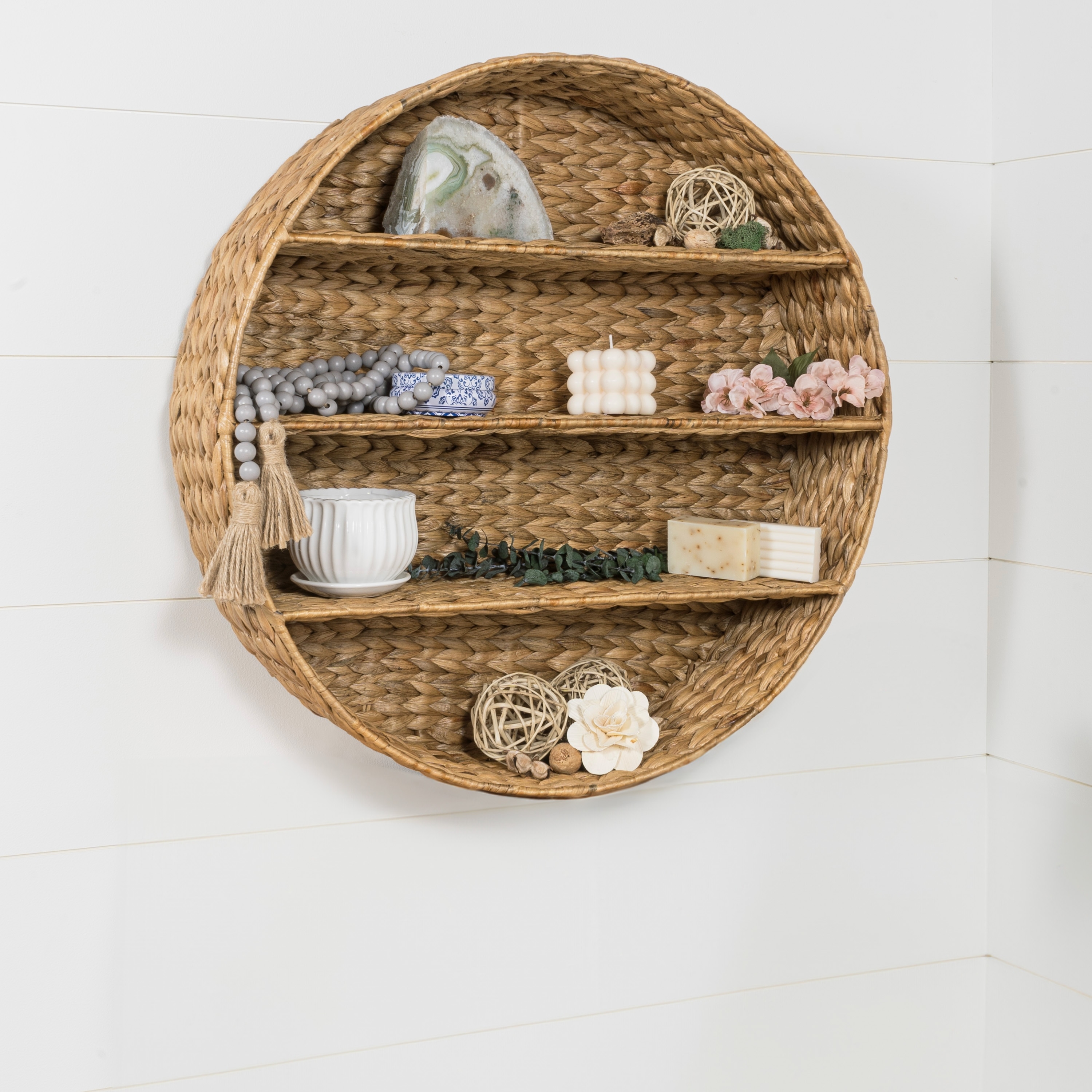 happimess 24.5" 3-Shelf Circular Handwoven Hyacinth Wall Rack