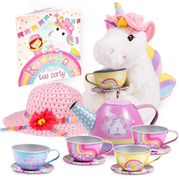 slide 2 of 7, Rainbow Unicorn Tea Party Gift Set, Tea Set for Little Girls with Unicorn Plushie