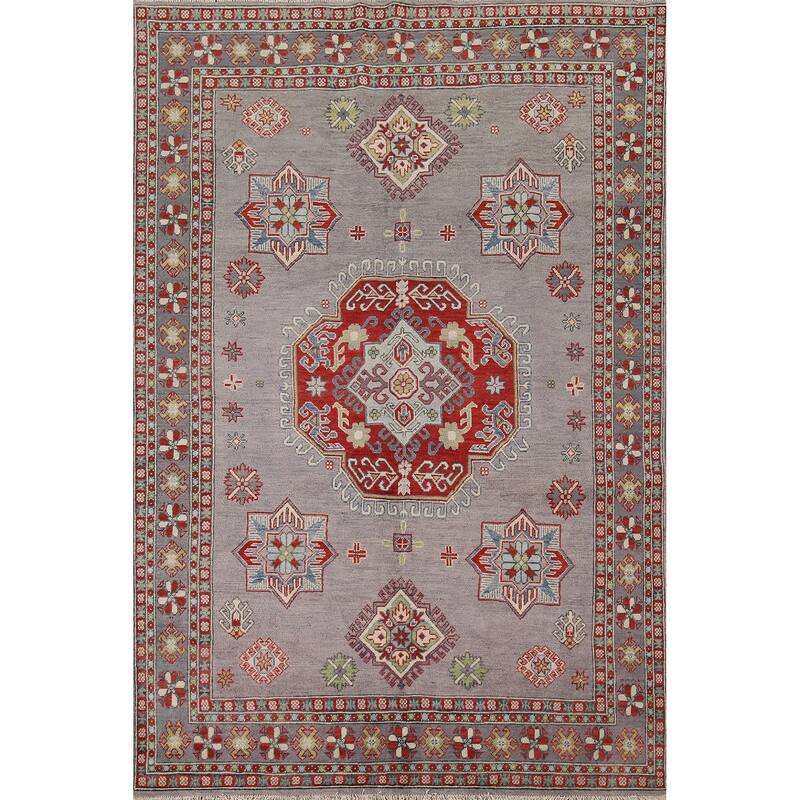 Traditional Kazak Oriental Area Rug Handmade Grey Wool Carpet - 5'7" x 7'11"