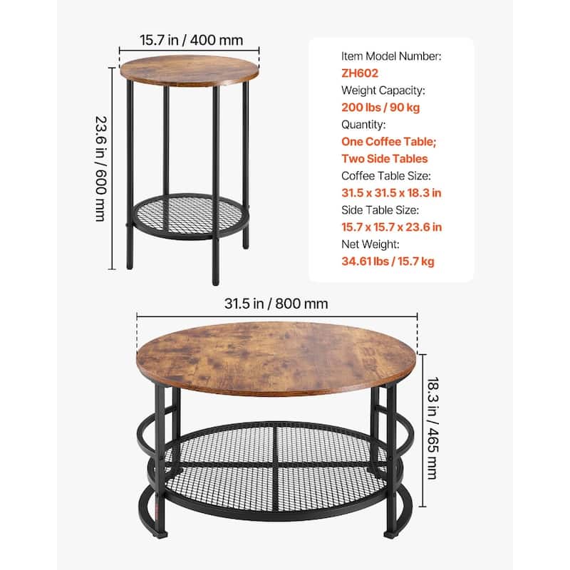 3-Piece Coffee Table Set with Natural Wood Grain Finish and Metal Legs for Living Room or Bedroom - 31.5” x 31.5” x 18.3”