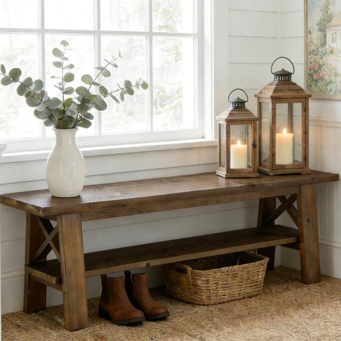 55-Inch Rustic Solid Wood Shoe Storage Bench for Entryway & Bedroom