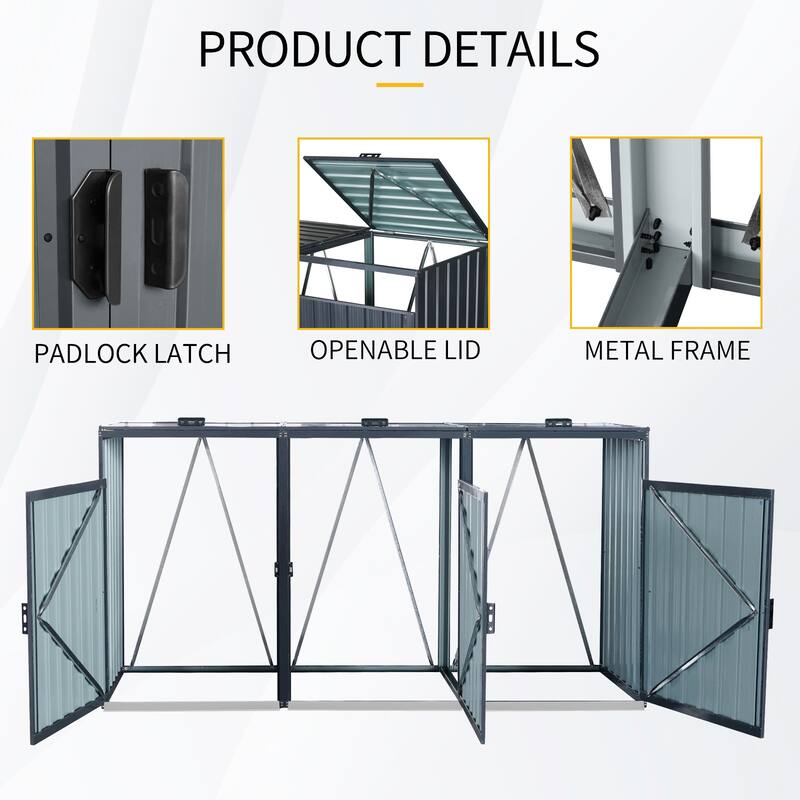 Garbage Bin Shed Stores 3 Trash Cans Metal Outdoor Bin Shed for Garbage Storage,Stainless Galvanized Steel, Bin Shed