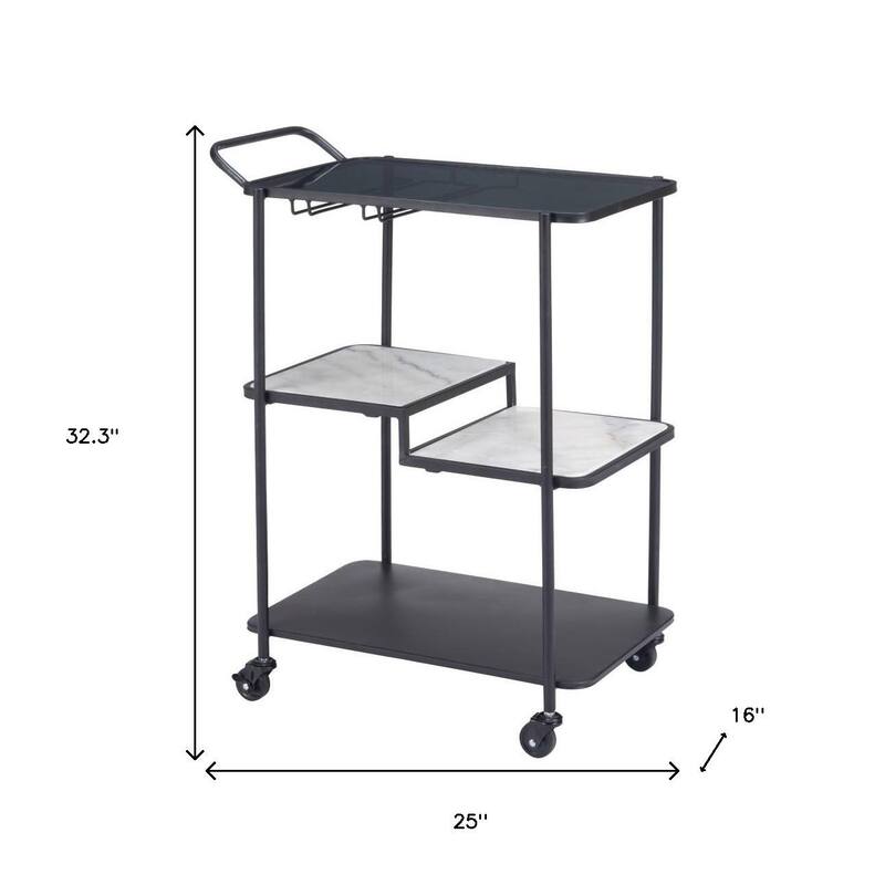 HomeRoots 25" Black Steel and Faux Marble Glass Rolling Bar Cart - 25.00 in. x 32.30 in. x 16.00 in.