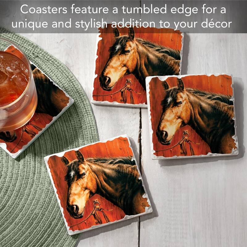 Horse Portrait 4 Pack Stone Coasters with Protective Cork Backing 4" Square Made in The USA Absorbent Easily Wipes Clean