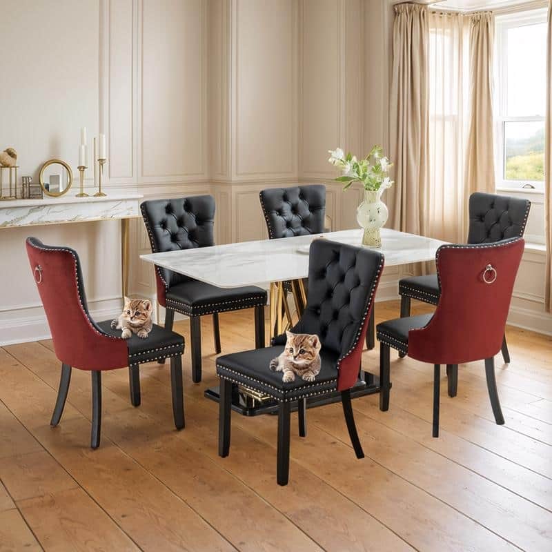 Modern Tufted Velvet Upholstered Nailhead Dining Chair Set of 6 - Black Red