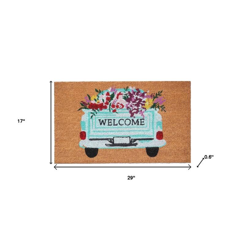 HomeRoots 17" X 29" Brown Aqua And Red Floral Welcome Outdoor Coir Door Mat - 17.00' X '29.00
