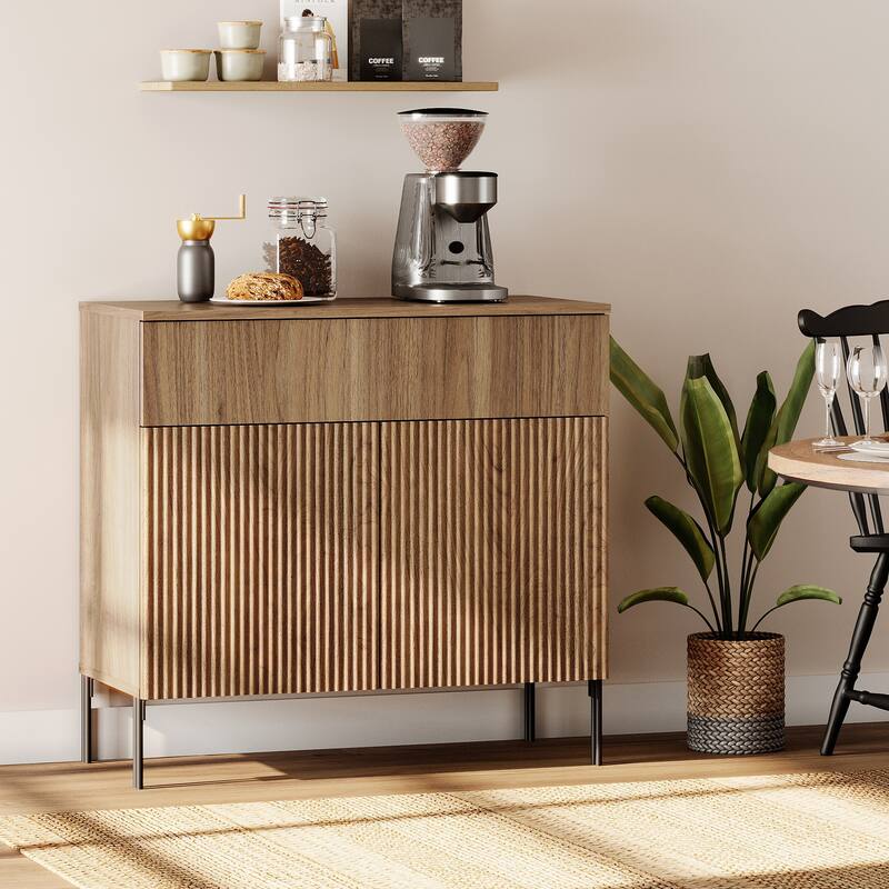 31.5" Wooden Reeded Sideboard With Doors And Drawer, Modern Credenza Storage Cabinet