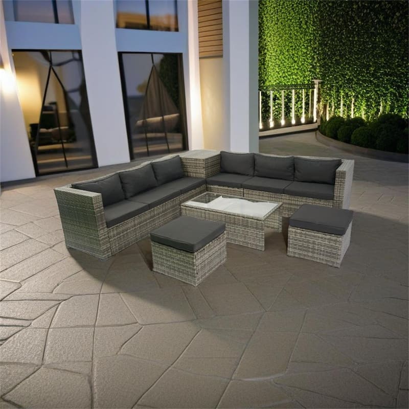 8 Piece Patio Sectional Wicker Rattan Outdoor - Black+Grey
