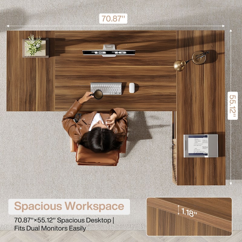 70.87-Inch L-Shaped Executive Desk with File Cabinet and Shelves, Large Computer Desk for Home Office