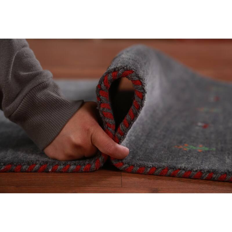 Hand Knotted Oriental 100% Wool Carpet Tribal Tribal Greys & Charcoal Gabbeh Area Rug - 5' 1'' X 2' 9''