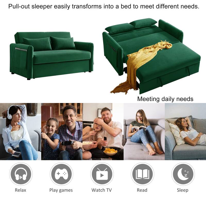 59.5" Modern Convertible Sofa Bed with 2 Detachable Arm Pockets, Velvet Loveseat Sofa with Pull Out Bed