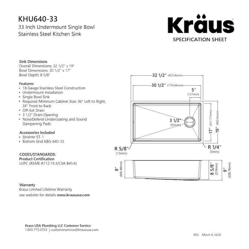 KRAUS Fairlane Undermount 18 Gauge Stainless Steel Kitchen Sink