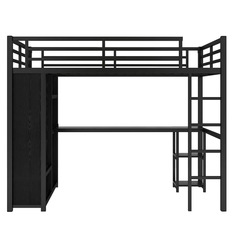 Full Metal Loft Bed Frame with Built-in Wardrobe, Desk and Shelves