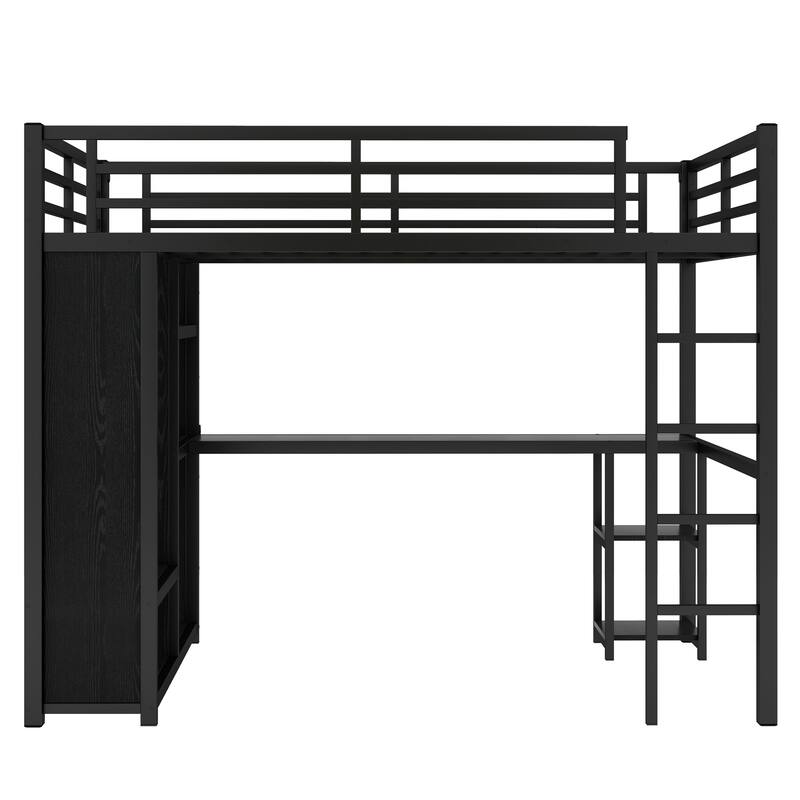 Roomfitters Twin/Full Metal Loft Bed Frame with Built-in Wardrobe, Desk & Storage Shelves, Space-Saving Design, Black