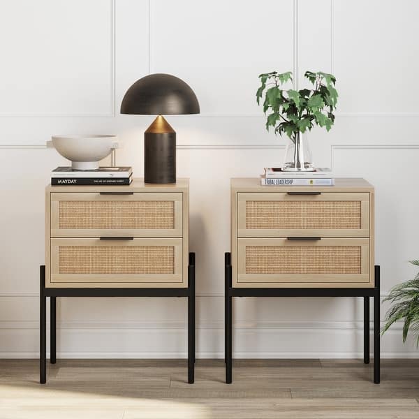 Nathan James Andrew Rattan End Side Table Storage Doors Gold Accents ...