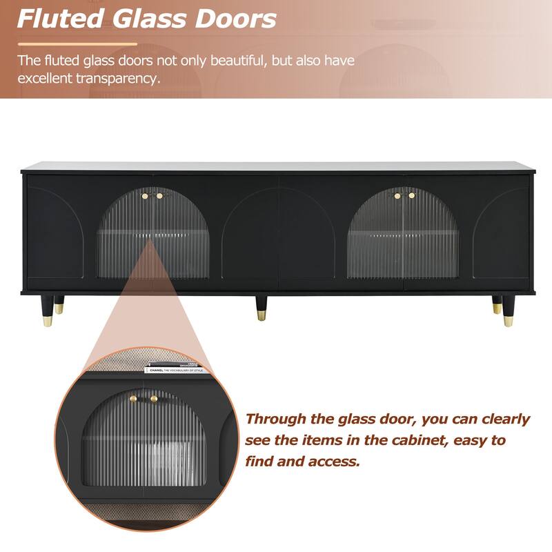 Modern TV Cabinet for TVs Up to 78" with Arch Fluted Glass Doors and Adjustable Shelves, for Living Rooms, Black