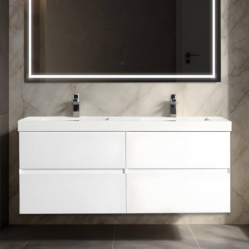 Blossom Wall Mounted Floating Bathroom Vanity with Double Acrylic Sink - Glossy White - 48" Acrylic Sink