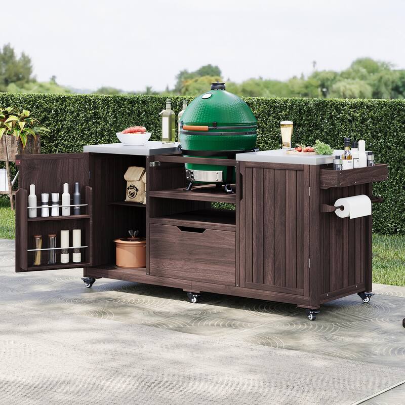 Outdoor Kitchen Island for Big Green Egg Grills, Solid Wood Outdoor Grill Cart w/Stainless Steel Top &Drawer, Patio Kitchen Cart - Brown