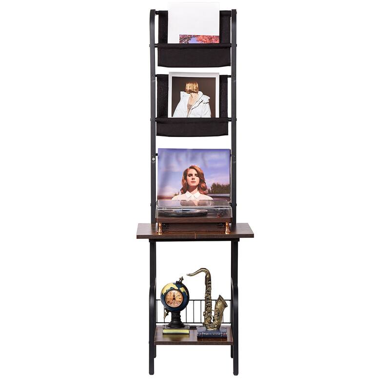Black 5 Tiers Metal Record Player Stand with LED Light and USB Ports and Oxford Fabric Bags - 17.72" x 19.29" x 56.3"
