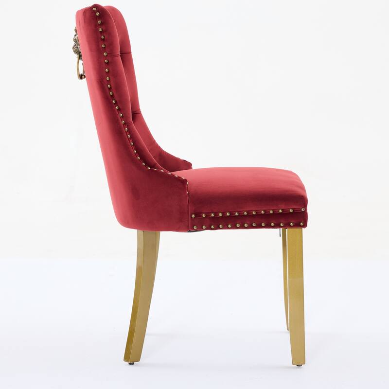 Velvet Dining Chairs Set of 2, Tufted Dining Chairs with Nailhead Trim, Kitchen Chairs with Lion Head Pulls Ring & Wooden Legs