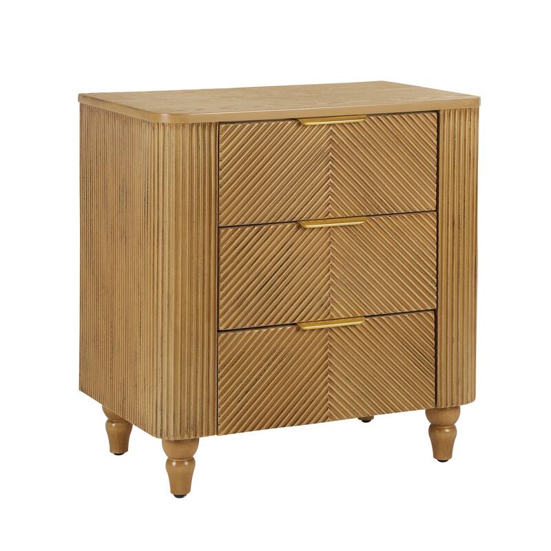 Mid-Century Fluted 3 Drawers Nightstand, Bedside Table with Curved Profile Design and Wide Gold Glossy Handles