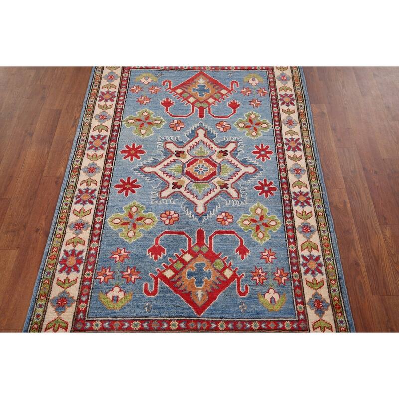 Light Blue Kazak Accent Rug Handmade Wool Carpet - 3'3" x 5'1"