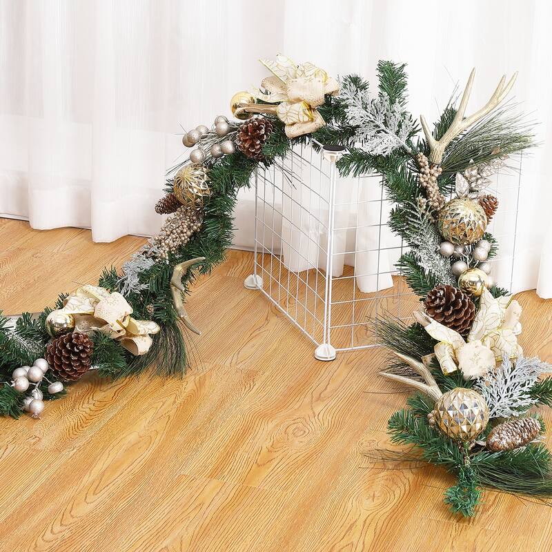 6Ft Christmas Garland with Lights Gold Ball Ornaments Pine Cones Antlers for Indooor