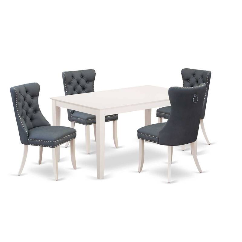 5-Piece Rectangular Linen White Finish Solid Wood Top-Upholstered Dining Room Set-Seats 4