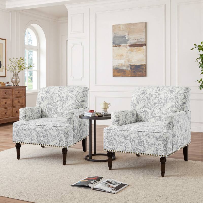 Set 2 Striped Upholstered Linen Armchair with Brass Nailhead Trim