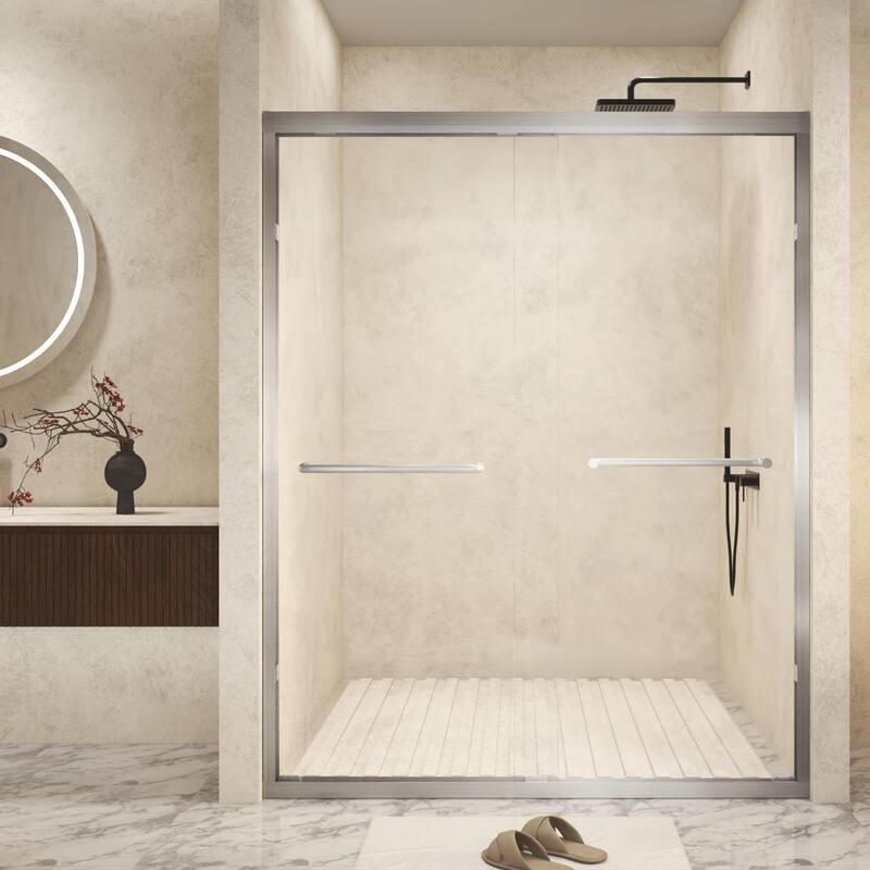 Aluminum Frame Double Sliding Shower Door, 1/4" Tempered Glass with Explosion-Proof Film & Stainless Steel Handle