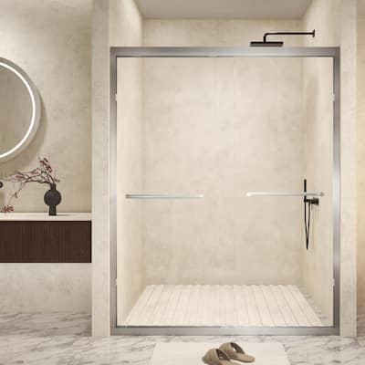 Aluminum Frame Double Sliding Shower Door, 1/4" Tempered Glass with Explosion-Proof Film & Stainless Steel Handle