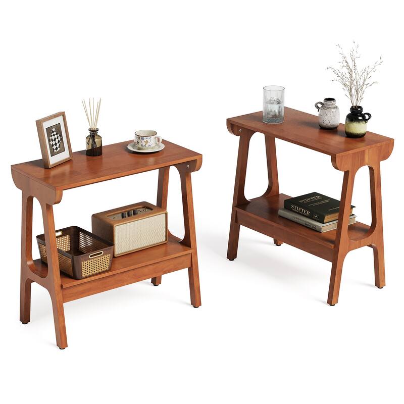 Solid Wood End Table with Storage Shelf, Narrow 2-Tier Side Table