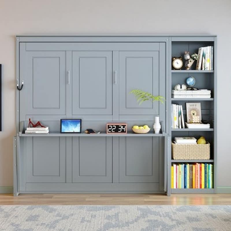 Murphy Bed with Built-In Desk & Bookshelves, Space-Saving Wall Bed with Storage, No Box Spring Required
