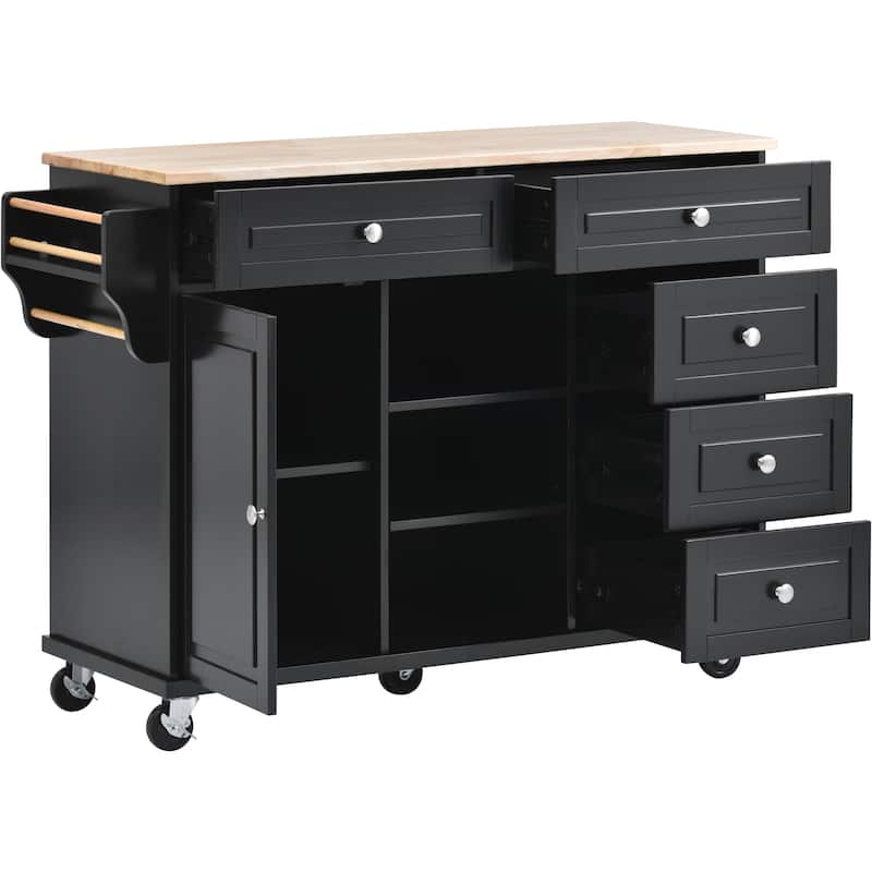Kitchen Island with on Locking Wheels, Rolling Cart with Rubber Wood Desktop, Mobile Island with 3 Open Shelves & 5 Drawers