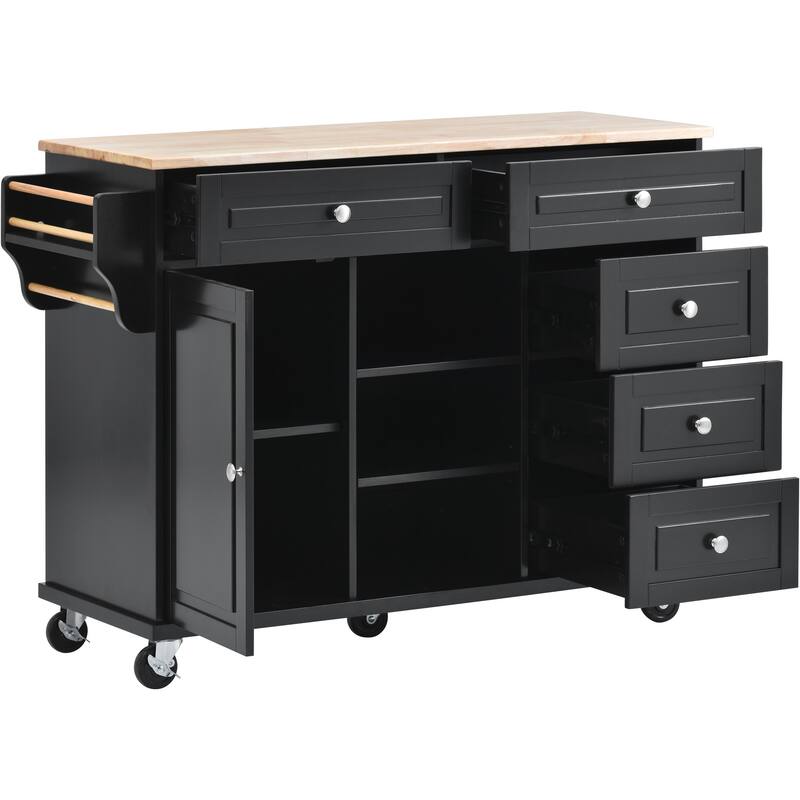 Rolling Kitchen Island Cart with Rubber Wood Top, 5 Drawers, Storage Cabinet & Adjustable Shelves - 53" Black