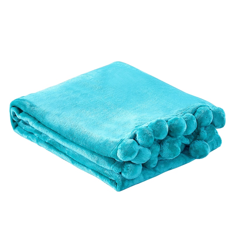 Pompom Flannel Fleece Throw