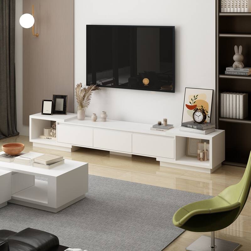 Modern Style Extendable TV Stand with 3Drawer White/Black 65.4"-106.3" Entertainment Center Table