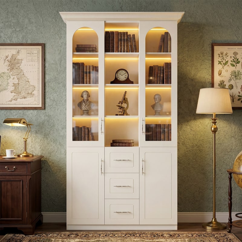Modular Bookcase with LED Lights, Glass Door Storage Cabinet with Drawers, Large Display Shelving Unit Sideboard