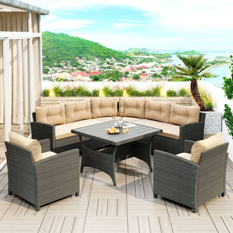 6Piece Outdoor Patio Rattan Dining Wicker Sectional Sofa Set with