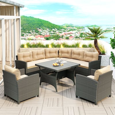 6-Piece Outdoor Wicker Sofa Set, Patio Rattan Dinning Set, Sectional Sofa with Cushions and Pillows