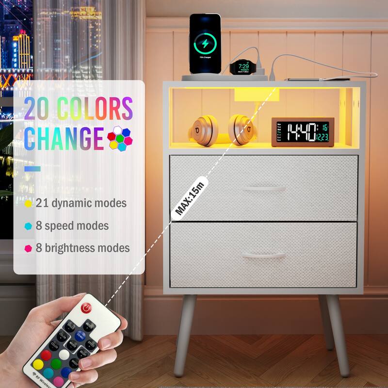 Modern 2-Piece Nightstand with LED Light and 2 Fabric Drawers