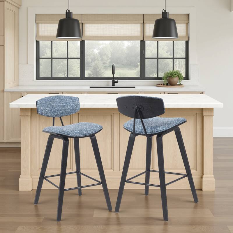 Fox Mid-Century Bar Stool, Upholstered Counter Height Chair with Bentwood Legs - Set of 2 - Blue Fabric & Black - Counter Height